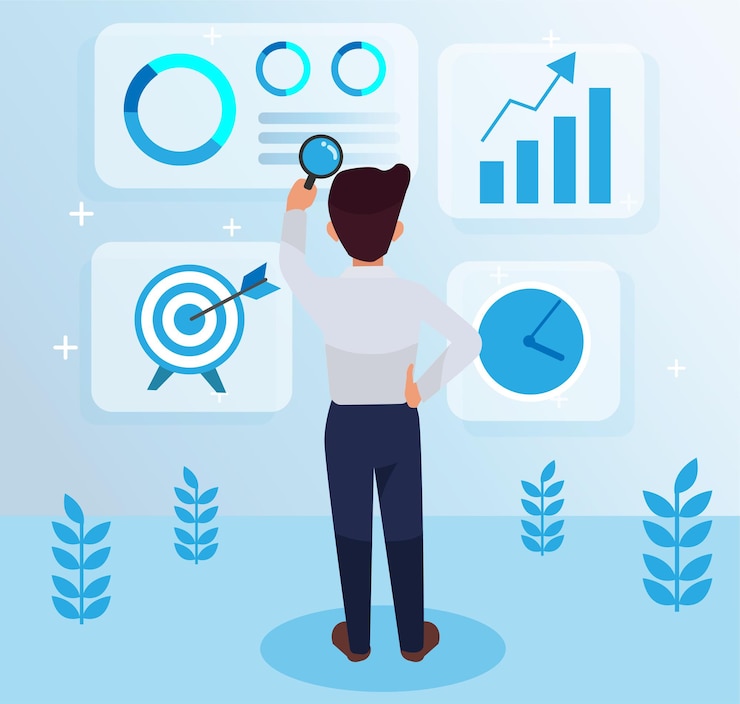 मुफ़्त वेक्टर serious, hardworking employee standing on the middle side , facing backward, holding a magnifying glass illustration, marketing strategy with graphs and symbols. leadership