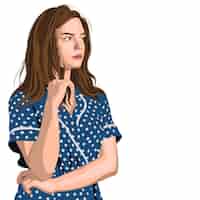 Бесплатное векторное изображение Серьезная молодая девушка в синем платье в горошек думает о чем-то