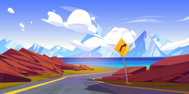 Бесплатное векторное изображение Серпантинная дорога к горному озеру, резкий поворот, предупреждающий дорожный знак. векторная мультяшная иллюстрация скалистых камней по обе стороны извилистого шоссе, ведущего к горному пейзажу северного морского побережья на горизонте.