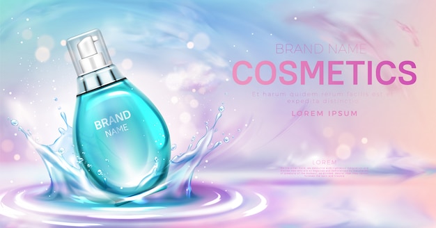 Serum cosmetic bottle on splashing water surface