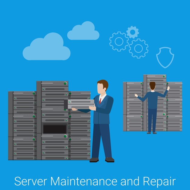 Обслуживание и ремонт серверов. Плоский стиль веб-сайта технологии концепции веб-инфографики иллюстрации.