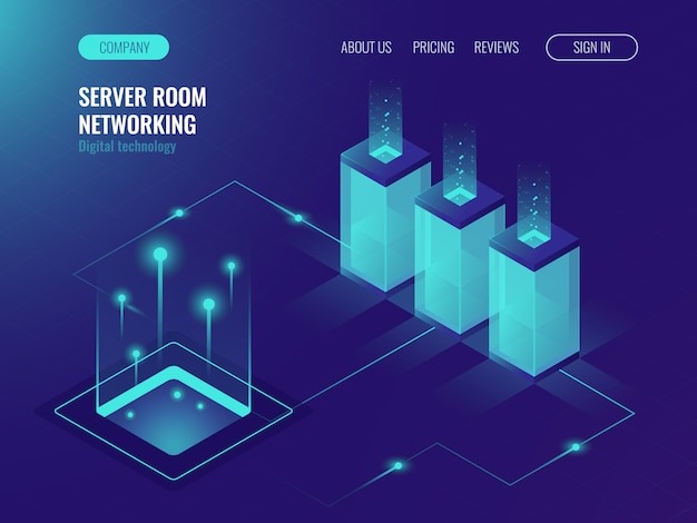 Free vector server room banner, web hosting and processing of big data concept