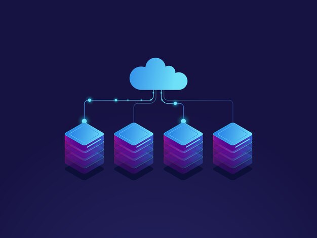 server room, cloud storage icon, datacenter and database concept, data exchange process