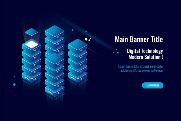 サーバールーム、等尺性のアイコンビッグデータ処理、データクラウドストレージウェアハウス、データベースのコンセプト
