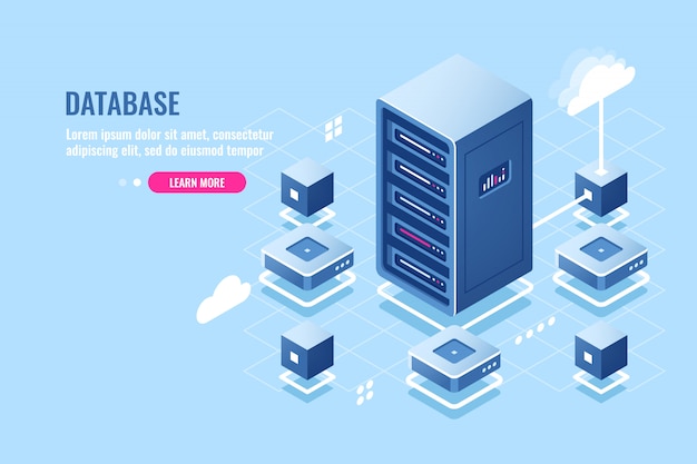 Vettore gratuito icona isometrica della stanza del server, connessione al database, trasferimento dei dati su cloud storage remoto, rack del server,