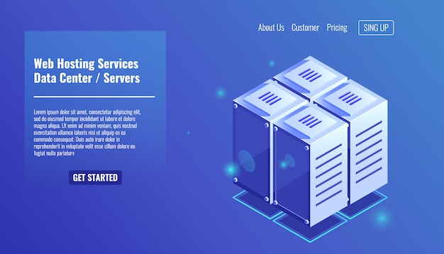 Server room, isometric rack icon, website hosting services