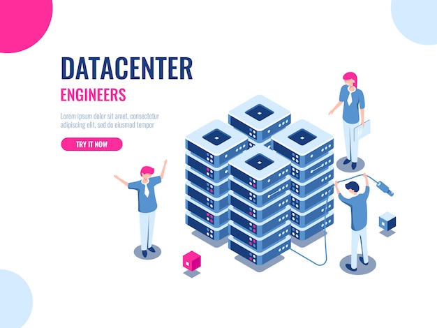 無料ベクター サーバールームラック、データベースとデータセンター、クラウドストレージ、ブロックチェーン技術、エンジニア、チームワーク