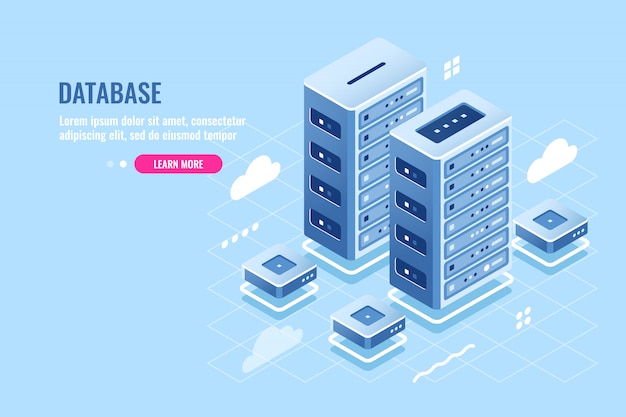 server room, web site hosting, cloud storage, database and data center isometric icon