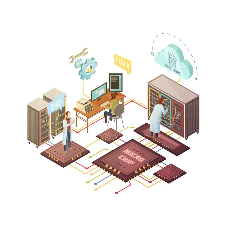 Free Vector server room with staff and equipment repair and support services cloud storage 