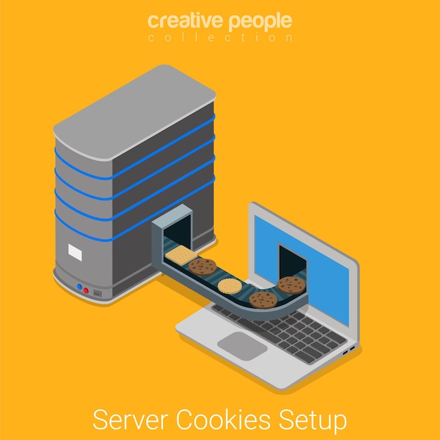 Server sending cookies conveyor to end user laptop browser. cookie spy online technology flat isometric internet concept