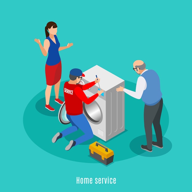 Service centre isometric background with characters of house masters and maytag repairman in uniform with text
