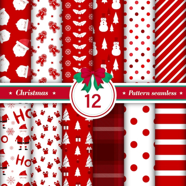 Free vector set of 12 merry christmas pattern seamless.