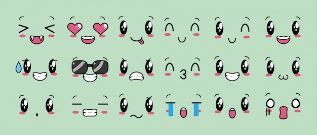 Set of 18 designs of kawaii expressions