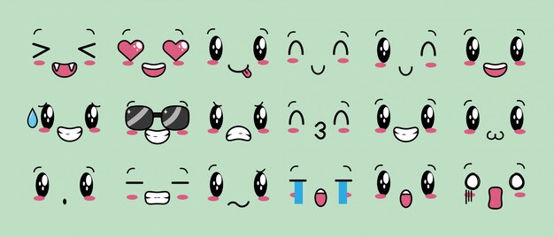 Set of 18 designs of Kawaii expressions