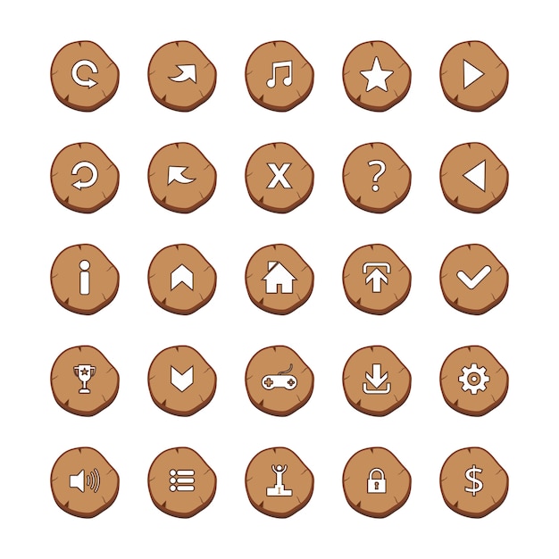 Set of 25 white icons on rounded brown log