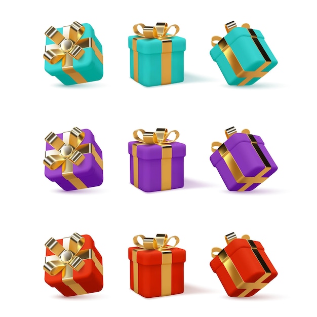 Set of 3d gift boxes wrapped golden ribbon isolated on white