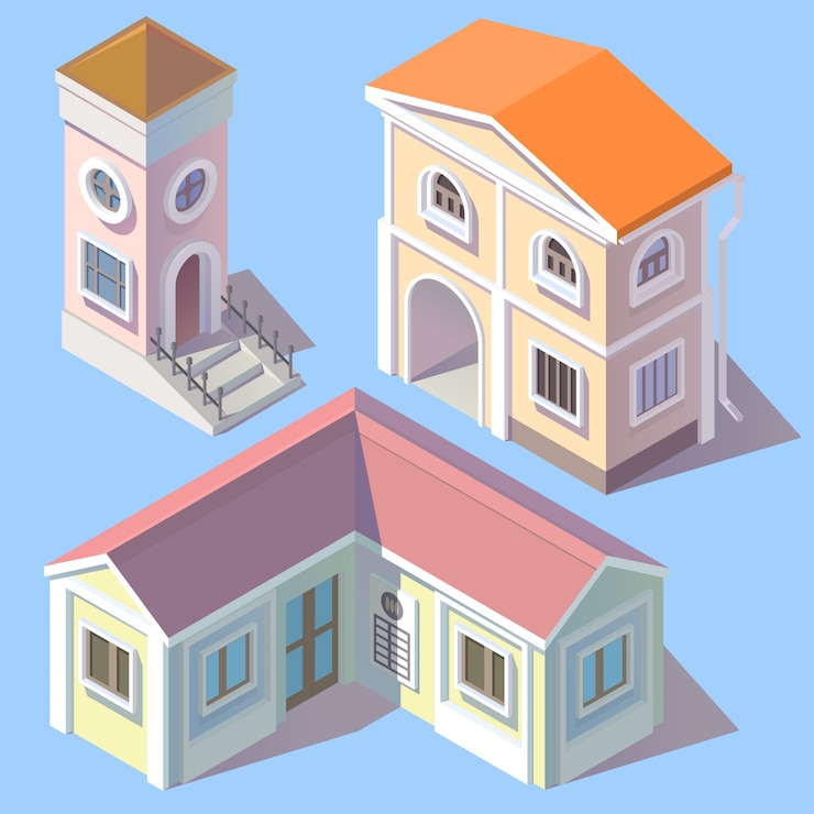 Free Vector set of 3d isometric residential buildings in cartoon style. tower, urban estate with entrance