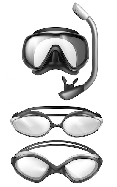 Set of 3d realistic mask for scuba diving and goggles for pool swimming. snorkeling devices.