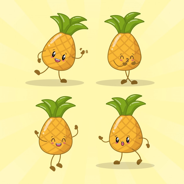 Free vector set of 4 kawaii pineapples with different happy expressions