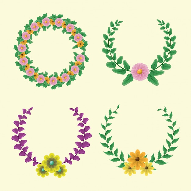 Set di 4 corona di alloro con i colori verde e viola con fiori gialli e rosa