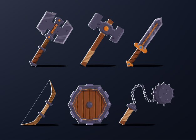 Set of 6 asset item for warrior  character such as, axe, hammer, sword, bow, wooden shield, thorn pendulum.