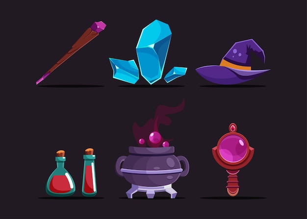 Set of 6 asset item for witch character such as, Magic Staff, Magic Gems, Witch Hat, Poison, Cauldron, Orb.