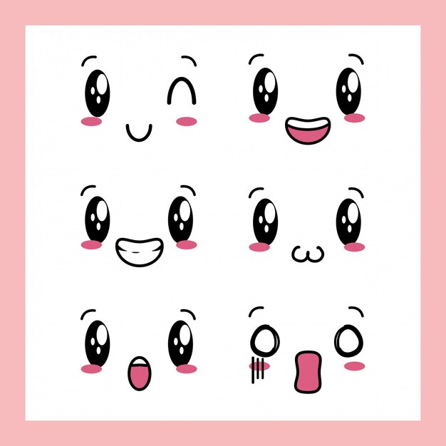 Set of 6 designs of Kawaii expressions