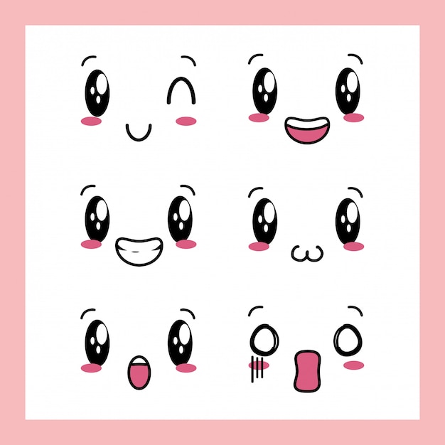 Set of 6 designs of Kawaii expressions