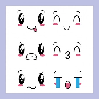 Set of 6 designs of kawaii expressions