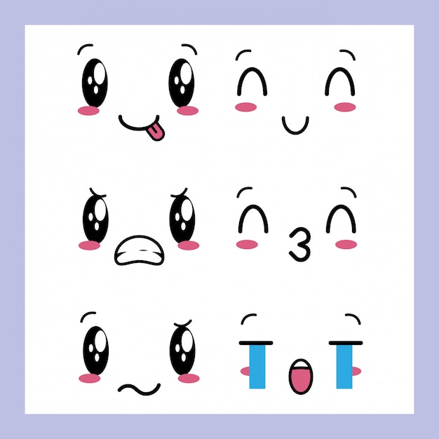 Set of 6 designs of Kawaii expressions