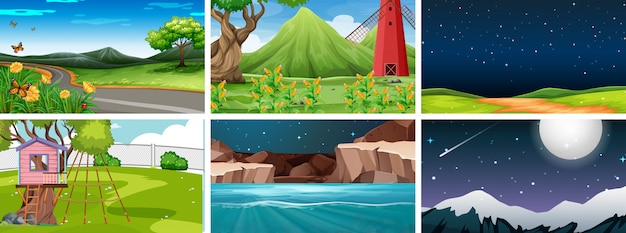 Free vector set of 6 nature scenes in parks day and night
