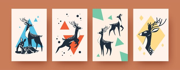Set of abstract banners with deer in Scandinavian style. Creative deer family and horned animal  illustrations. Forest animals and wildlife concept
