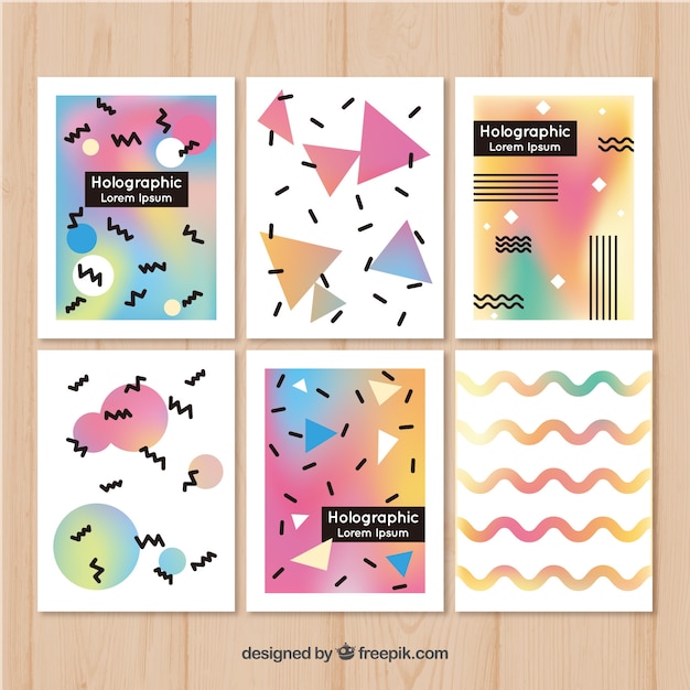 Set of abstract shapes cards with holographic effect