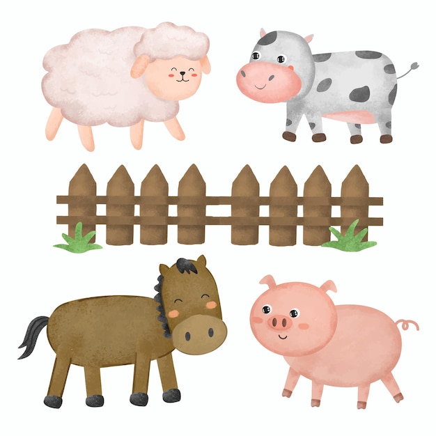 Free vector set of adorable animal in farm watercolor painting