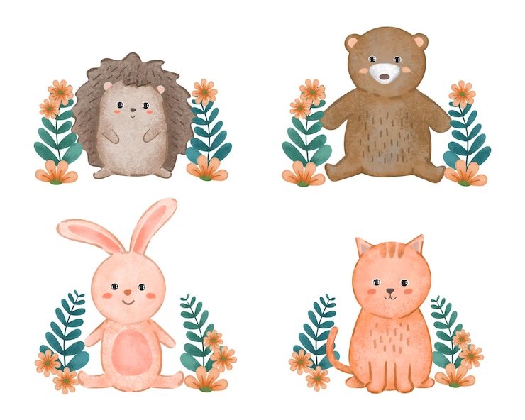 無料Vector 水彩画の愛らしい動物のセット