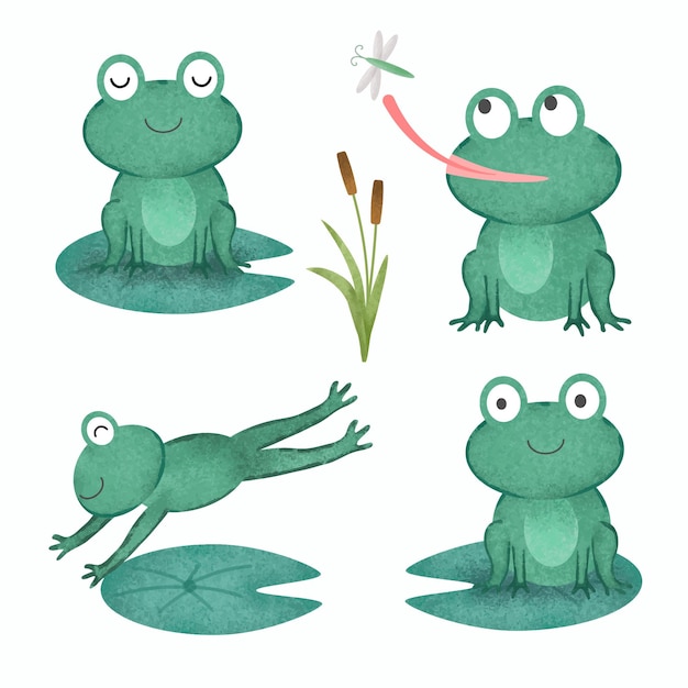 Free vector set of adorable frog in various gesture painting