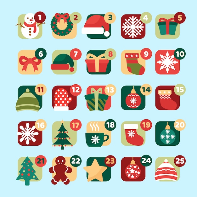 Set of advent calendar icons in flat design