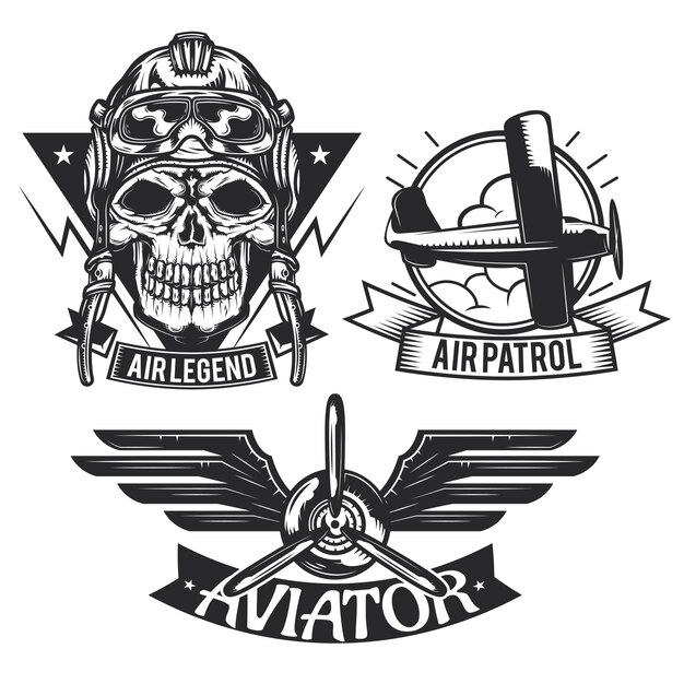 Set of aircraft elements emblems, labels, badges, logos.