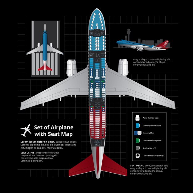 Set of Airplane Landing with Seat Map Isolated Vector Illustration