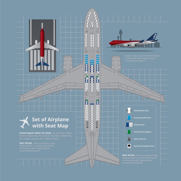 Free Vector set of airplane with seat map isolated illustration