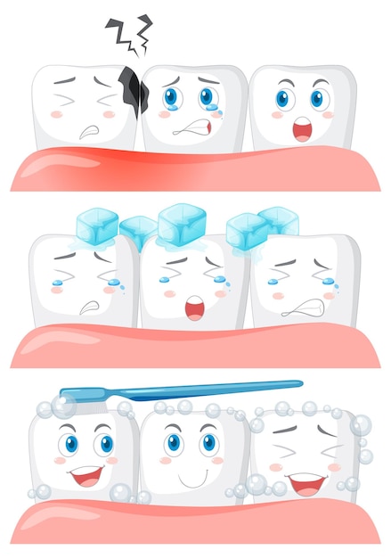 Vettore gratuito insieme di tutti i tipi di denti su priorità bassa bianca