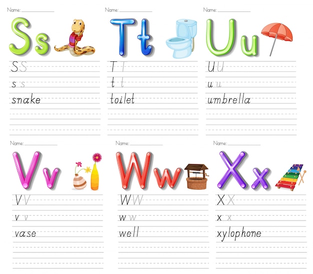 Set of alphabet worksheet on white paper