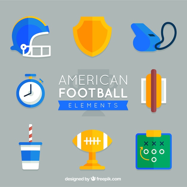 Vettore gratuito insieme di oggetti di football americano in design piatto