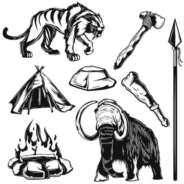古代の動物とアプリの要素のセット