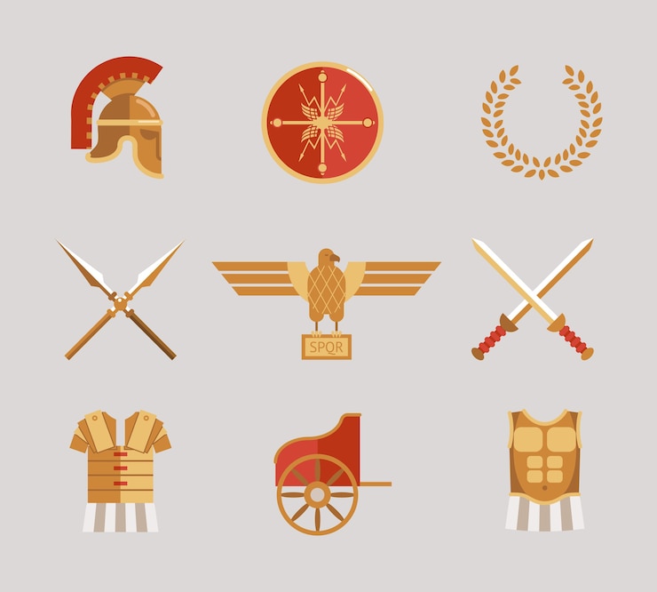 Free Vector set of ancient warrior vector accessories with a helmet  spears  swords  wreath  tunic  breastplate  shield and eagle in red and gold