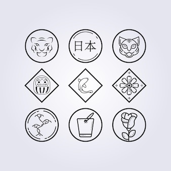 家紋、日本の家族のシンボルのロゴスタンプベクトルイラストデザインアイコンベクトルイラスト線画シンプルモダンのセットとバンドル