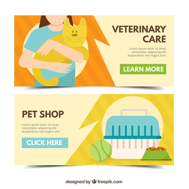 Set of animal care banners in flat style