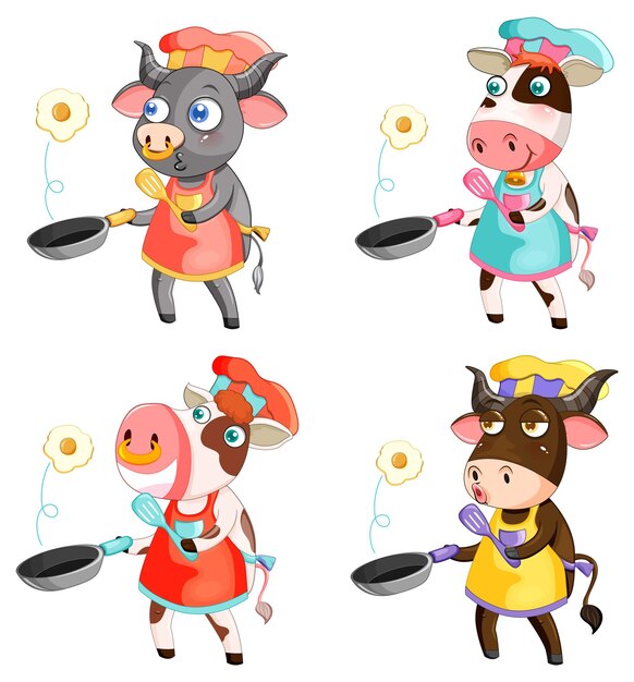 Set di personaggi dei cartoni animati animali che cucinano la colazione