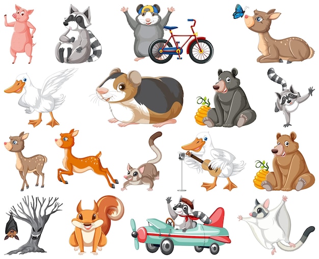 Set di personaggi dei cartoni animati animali