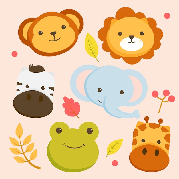 クマの顔、ライオン、シマウマ、象、キリン、カエルと動物のキャラクターのセット。